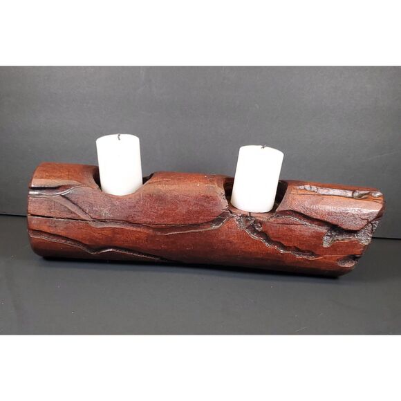 Rustic Hand-Carved Log Candle Holder 12″ × 3.25″ × 3″ Wood Centerpiece - Picture 4 of 7
